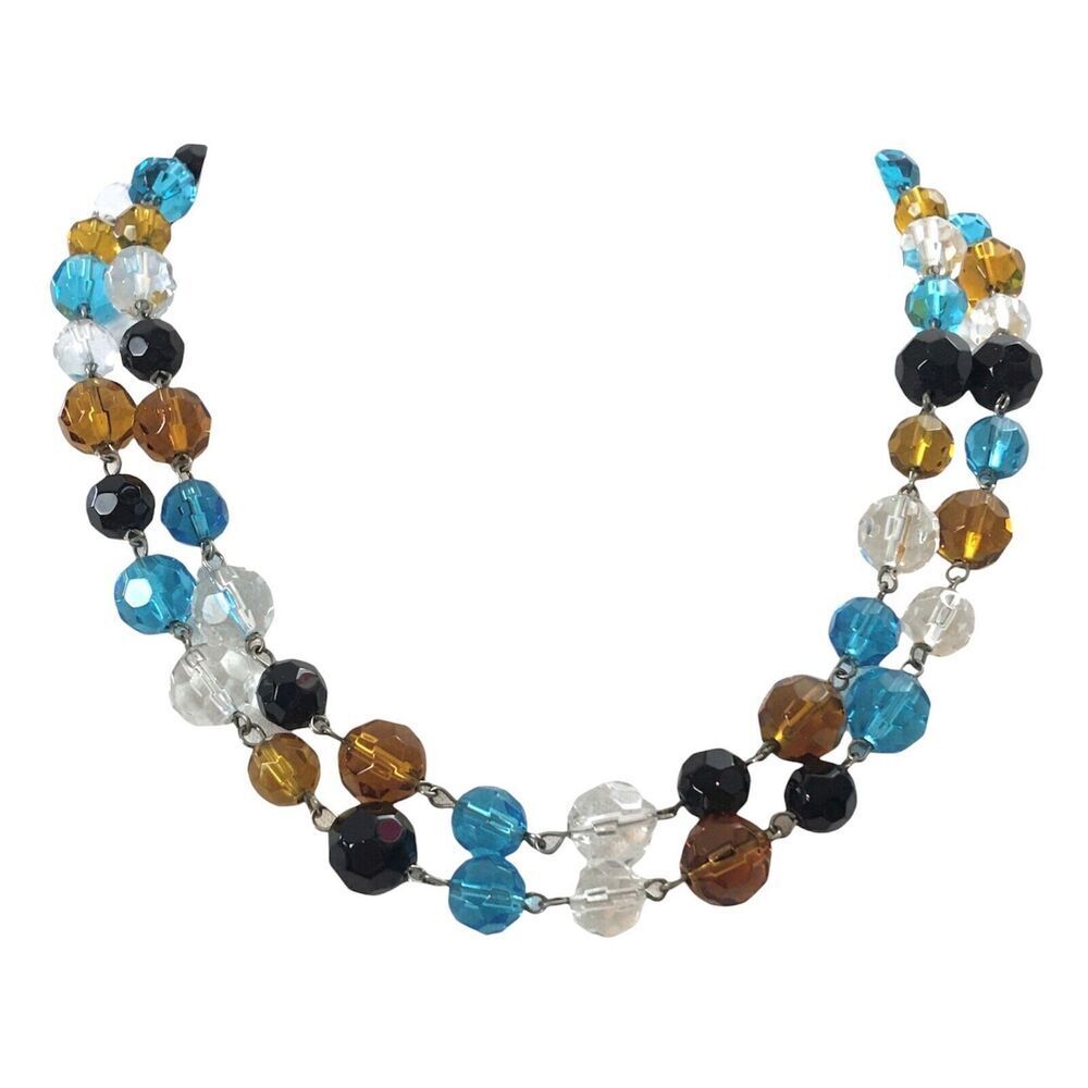 Faceted Molded  Blue Amber Glass Bead Link 2 Strand Layer Beaded 20.5in Necklace